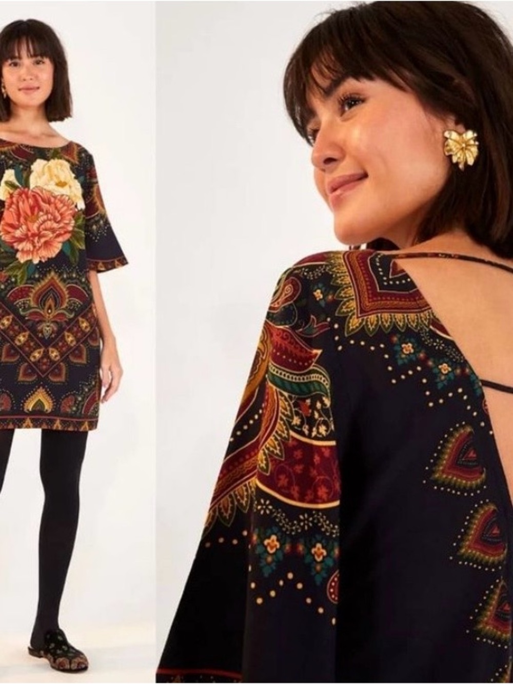 FARM Rio Mini Shift Dress Women’s S Black Red Caliandra Floral Boho Open Back